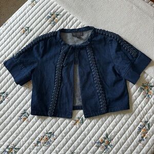 Gracia Cropped Denim Jacket Braided Trim Short Sleeve Tie Front, Size Small